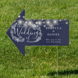Navy Blue String Lights Wedding This Way Sign