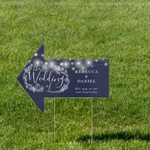 Navy Blue String Lights Wedding This Way Sign