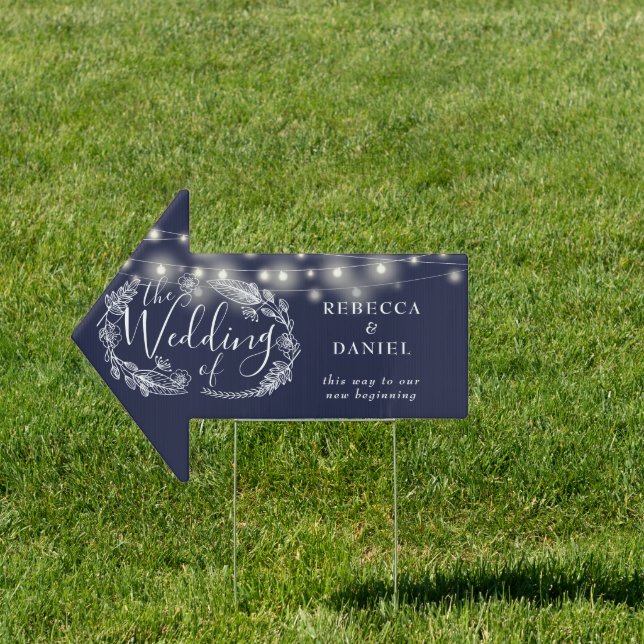 Navy Blue String Lights Wedding This Way Sign (Insitu)