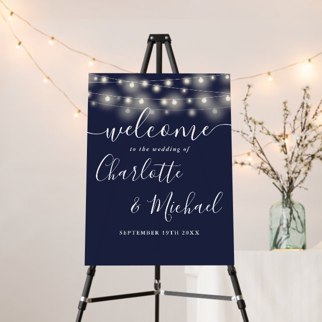 Navy Blue String Lights Wedding Welcome Sign (In Situ (Stand))