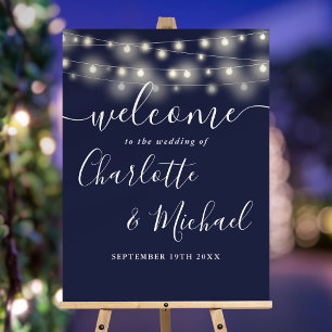 Navy Blue String Lights Wedding Welcome Sign