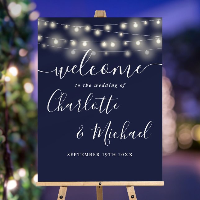Navy Blue String Lights Wedding Welcome Sign (Navy Blue String Lights Wedding Welcome Sign)