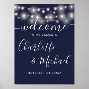 Navy Blue String Lights Wedding Welcome Sign