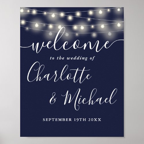 Navy Blue String Lights Wedding Welcome Sign