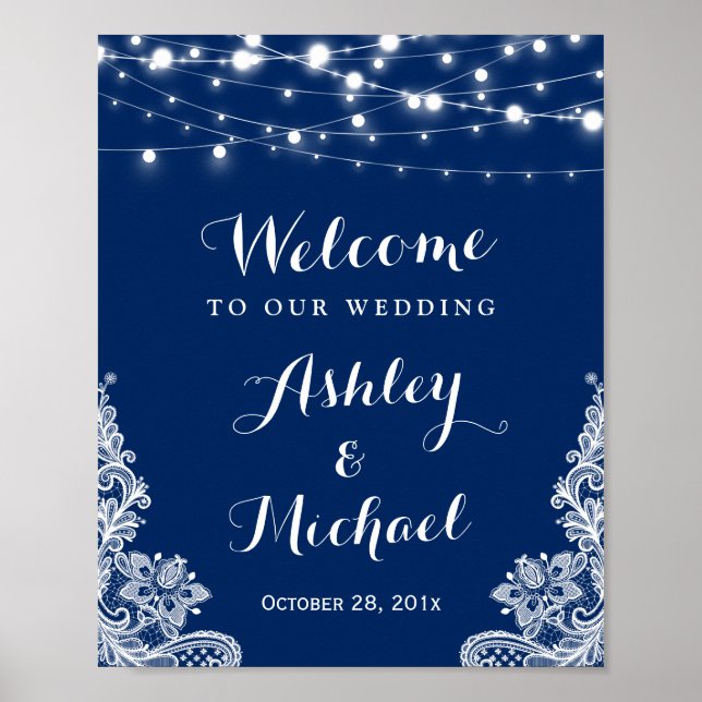Navy Blue String Lights White Lace Wedding Sign (Front)