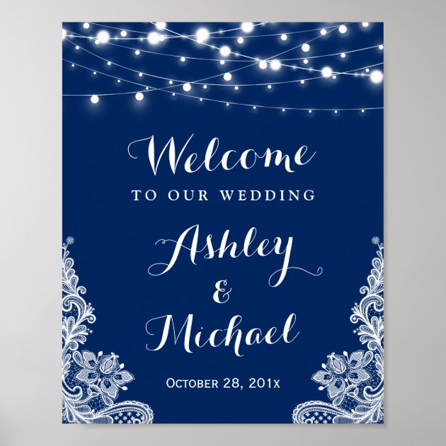 Navy Blue String Lights White Lace Wedding Sign Poster