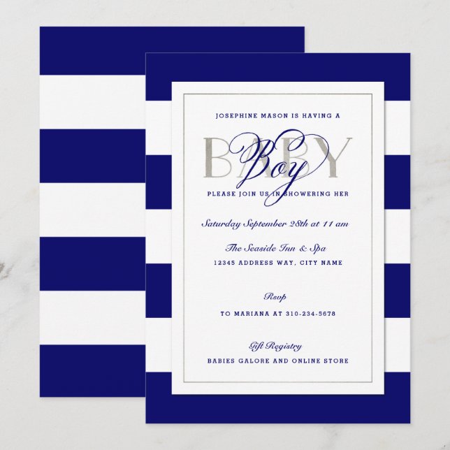 Navy Blue Stripe Baby Boy Shower Faux Silver Invitation (Front/Back)