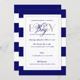 Navy Blue Stripe Baby Boy Shower Faux Silver Invitation