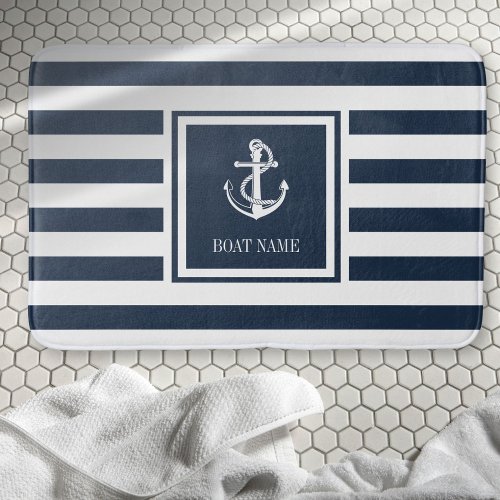 Navy Blue Stripe Boat Name Nautical Anchor Bath Mat