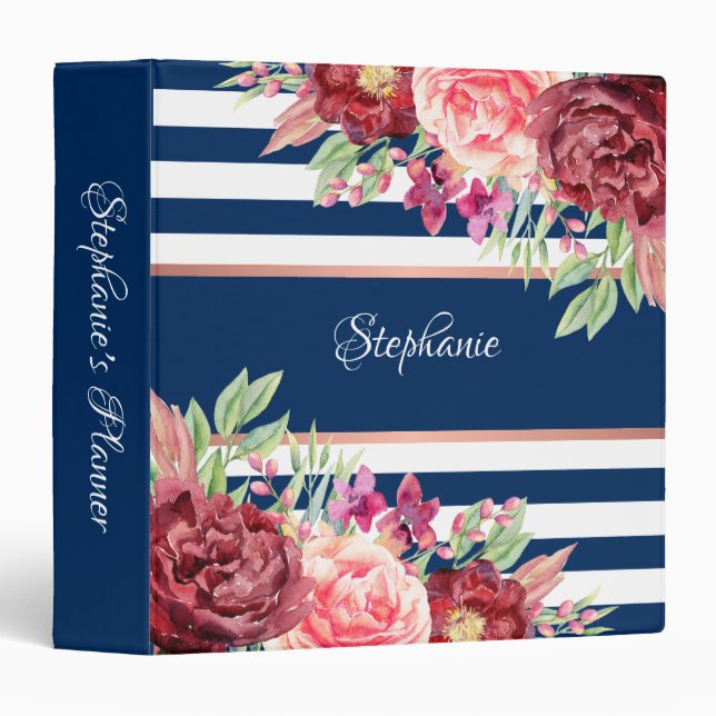 Navy Blue Stripe Burgundy Floral Personalized 3 Ring Binder (Front/Spine)