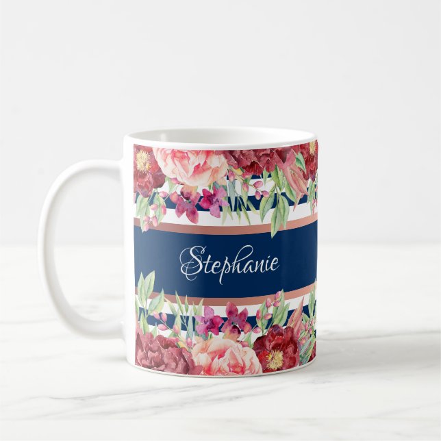 Navy Blue Stripe Burgundy Floral Personalized Name Coffee Mug (Left)
