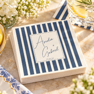 Navy Blue Stripe Coastal Wedding Chic Napkins