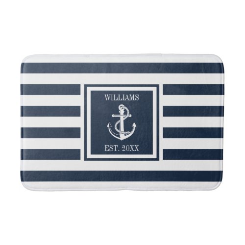 Navy Blue Stripe Family Name Nautical Anchor Bath Mat