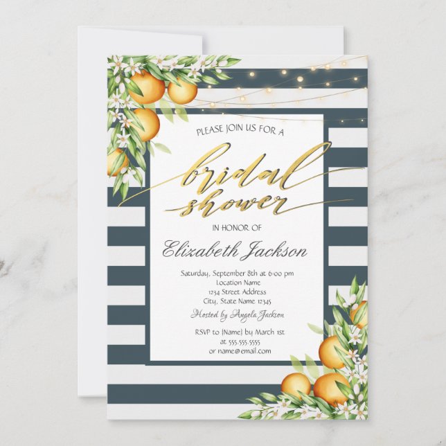 Navy Blue Stripe Lemon Citrus Bridal Shower Invitation (Front)