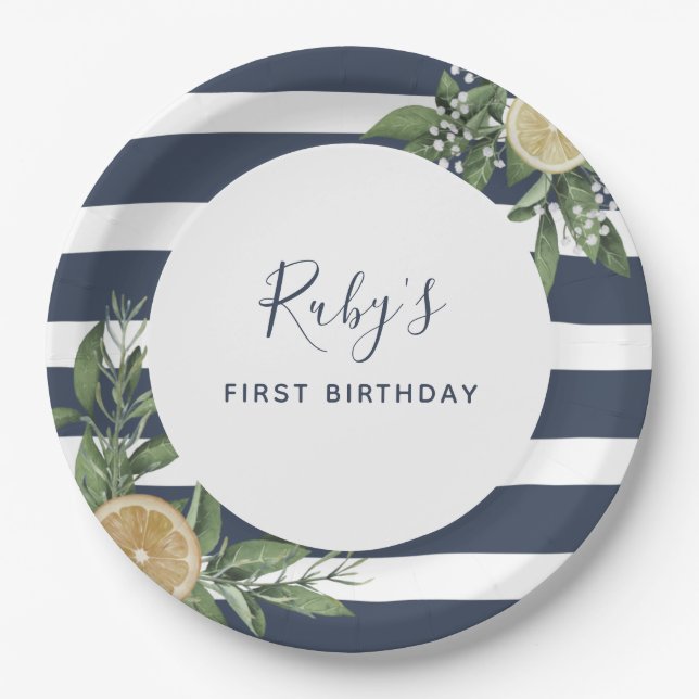 Navy Blue Stripe Lemon Citrus First Birthday Party Paper Plates (Front)