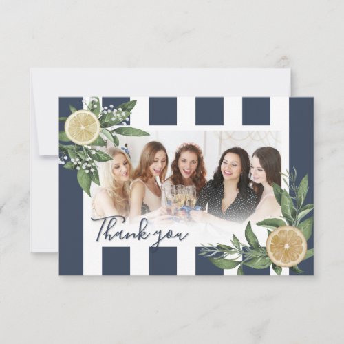 Navy Blue Stripe Lemon Photo Bridal Shower Thank You Card