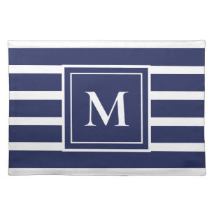 Navy Blue Stripe Modern Monogram Coastal Nautical Cloth Placemat