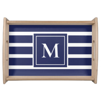 Navy Blue Stripe Modern Monogram Coastal Nautical Serving Tray