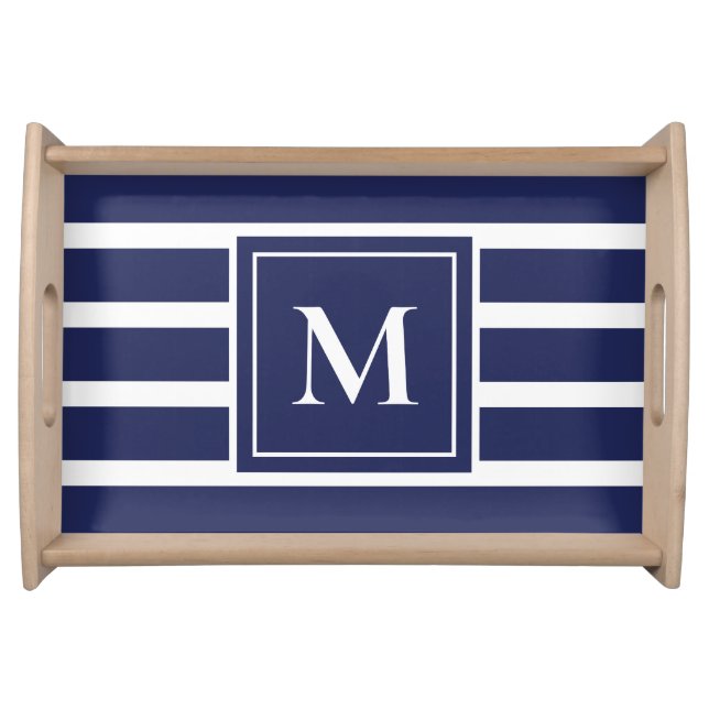 Navy Blue Stripe Modern Monogram Coastal Nautical  Serving Tray (Front)