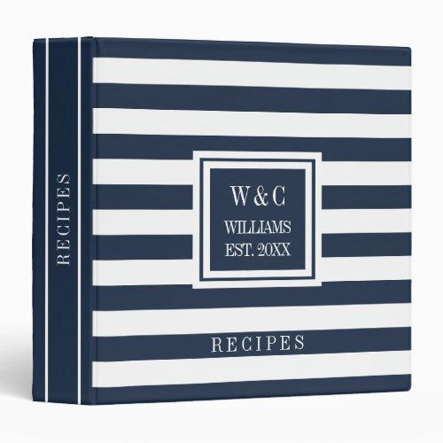 Navy Blue Stripe Monogram Family Name Recipes 3 Ring Binder