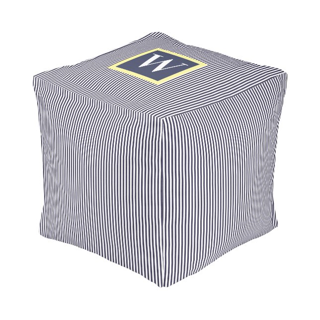 Navy Blue Stripe Monogram Hassock Pouf (Angled Front)
