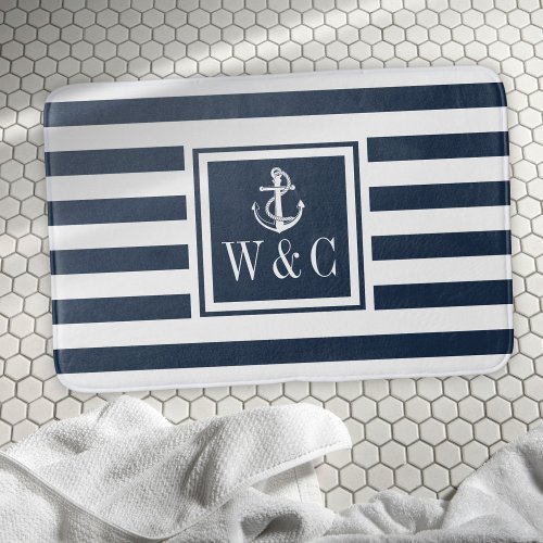 Navy Blue Stripe Monogram Initials Nautical Anchor Bath Mat