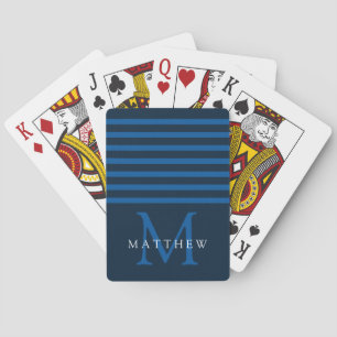 Navy Blue Stripe Monogram Masculine Poker Cards