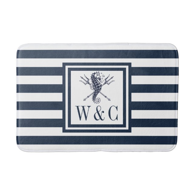 Navy Blue Stripe Monogram Nautical Seahorse Bath M Bath Mat (Front)