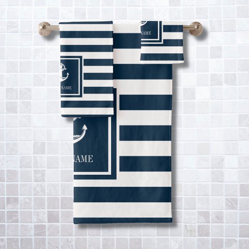 Navy Blue Stripe Nautical Anchor Boat Name Bath Towel Set