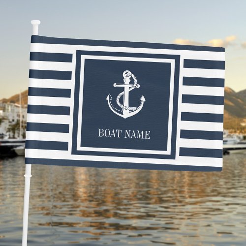 Navy Blue Stripe Nautical Anchor Boat Name Car Flag