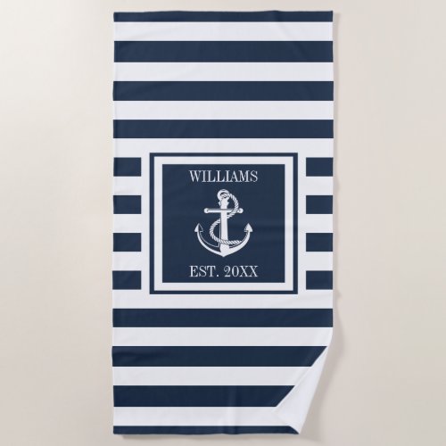 Navy Blue Stripe Nautical Anchor Family Boat Name Beach Towel