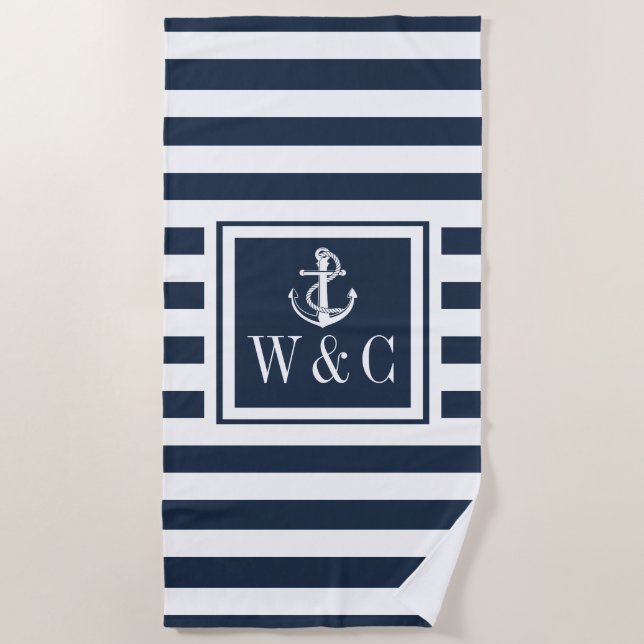 Navy Blue Stripe Nautical Anchor Monogram Beach Towel (Front)