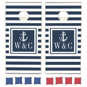 Navy Blue Stripe Nautical Anchor Monogram Initials Cornhole Set