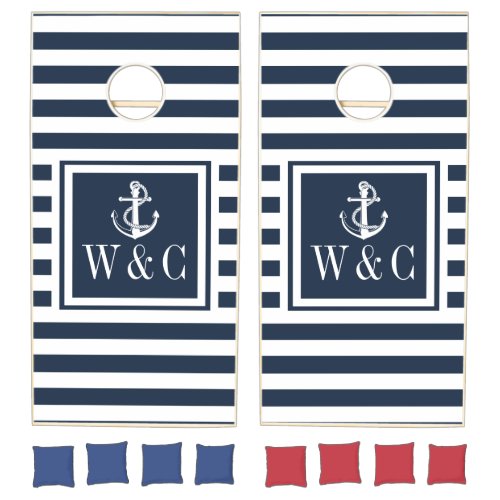 Navy Blue Stripe Nautical Anchor Monogram Initials Cornhole Set