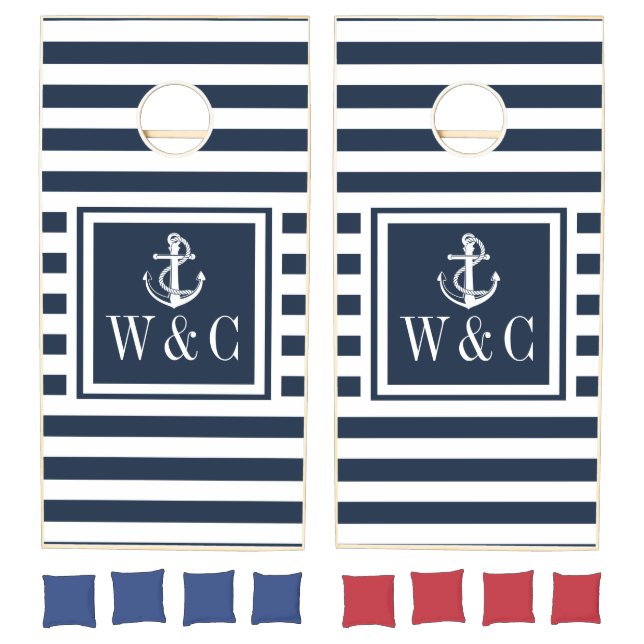 Navy Blue Stripe Nautical Anchor Monogram Initials Cornhole Set (Set)