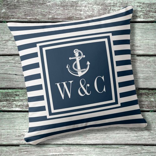 Navy Blue Stripe Nautical Anchor Monogram Throw Pillow