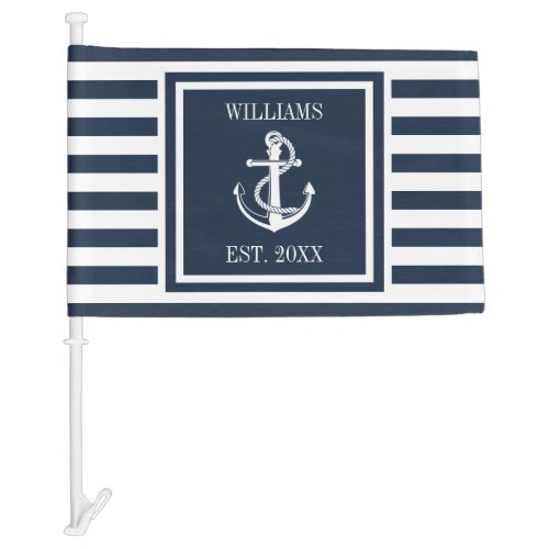 Navy Blue Stripe Nautical Anchor Personalized Name Car Flag