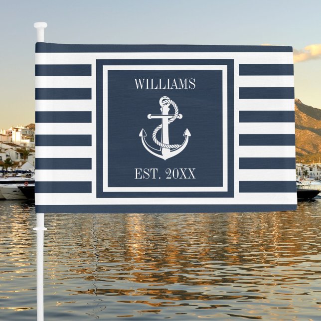Navy Blue Stripe Nautical Anchor Personalized Name Car Flag (Navy Blue Stripe Nautical Anchor Personalized Name Car Flag)