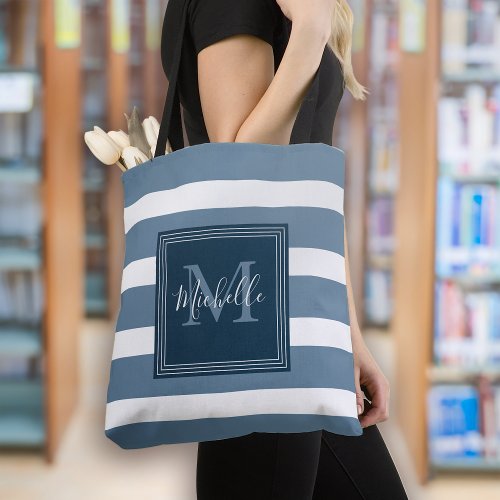 Navy Blue Stripe Nautical Monogram Tote Bag