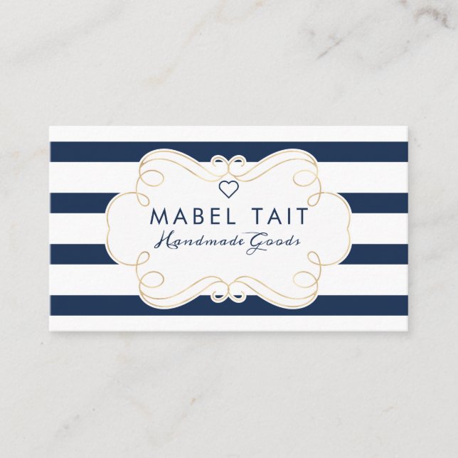 Navy Blue Stripe Pattern & Elegant Crest Business Card (Front)