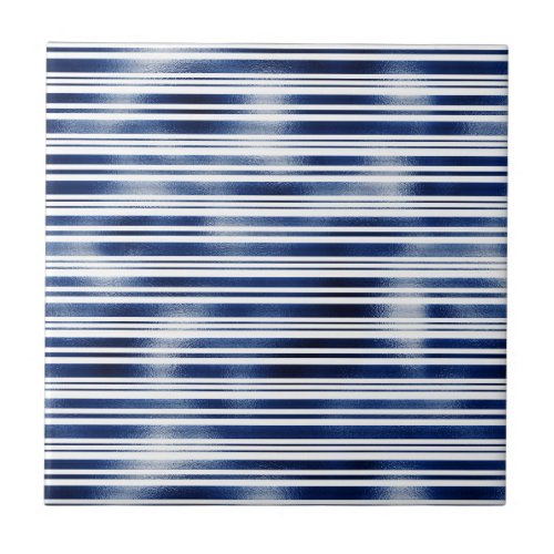 Navy blue stripe pattern faux metallic foil shine ceramic tile