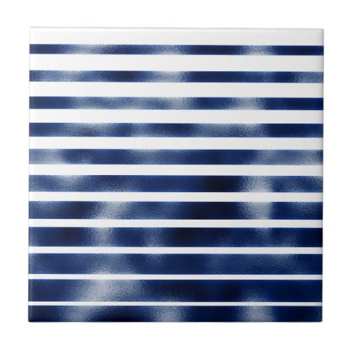 Navy blue stripe pattern faux metallic foil white ceramic tile