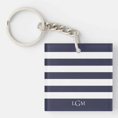 Navy Blue Stripe Pattern Monogram Photo Keychain