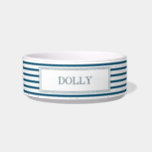 Navy Blue Stripe | Personalized Pet Bowl<br><div class="desc">Stripe navy blue and white pet bowl,  in chic,  Parisian,  feminine style. Featuring a framed border that surrounds your dog or cats name in elegant black typography lettering,  this design is stylish chic and ready for you to customize with your own fur baby's name.</div>