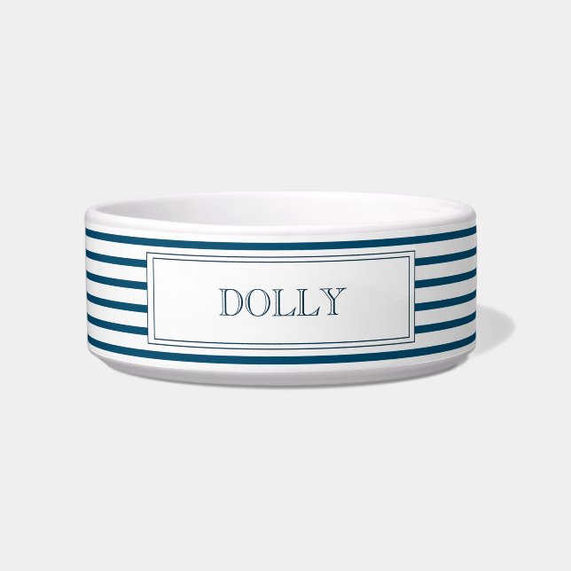 Navy Blue Stripe | Personalized Pet Bowl (Front)