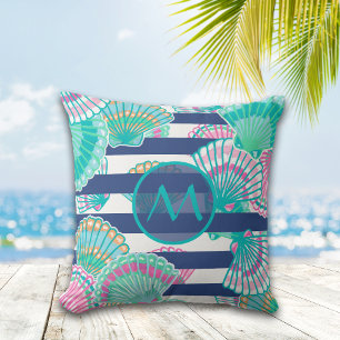 Navy Blue Stripe Seashell Monogram Throw Pillow