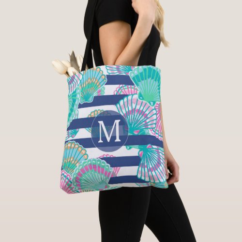 Navy Blue Stripe Seashell Monogram Tote Bag