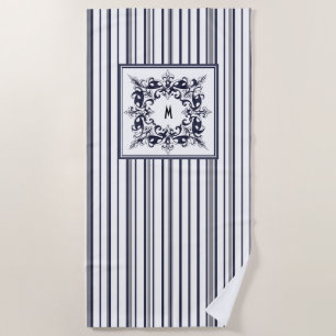 Navy Blue Stripe Vintage Label and Monogram Beach Towel