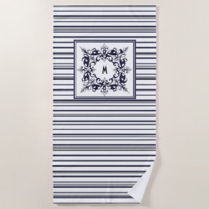 Navy Blue Stripe Vintage Label and Monogram Beach Towel