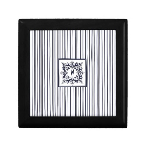 Navy Blue Stripe Vintage Label and Monogram Gift Box